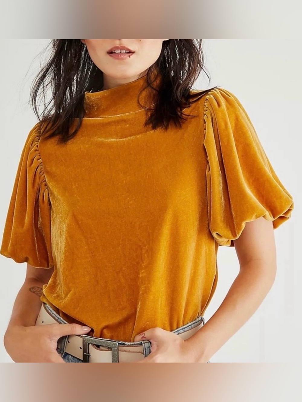 Free People Claudia Velvet Tee Gold Button Front Top Small